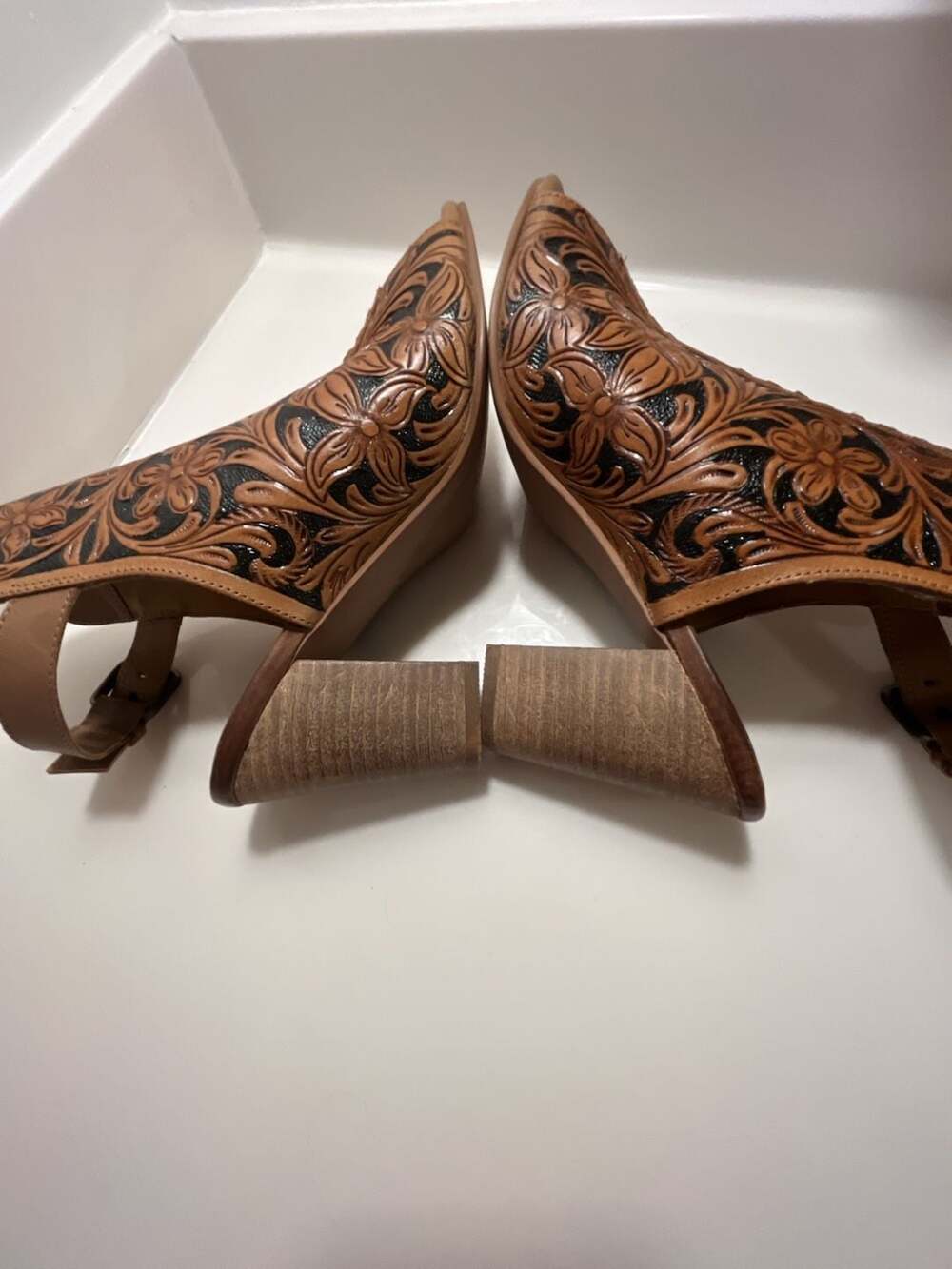 Myra Bag Dodge Town Hand-Tooled Leather Open Toe Heels - Picture 10 of 15